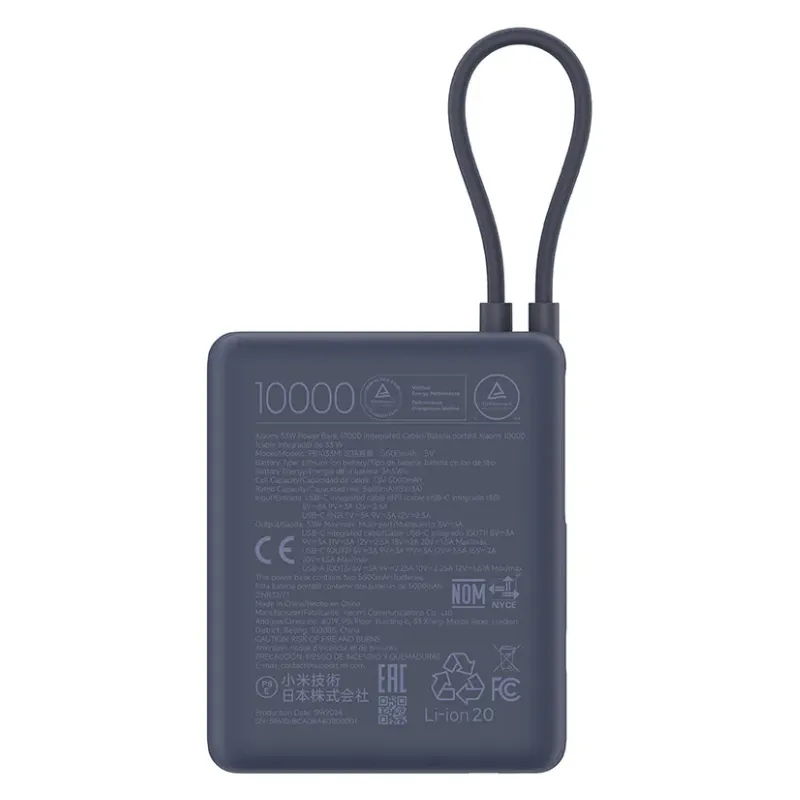 Batería Portátil Xiaomi 33W Power Bank 10000mAh (Integrated Cable) Ice Blue GL